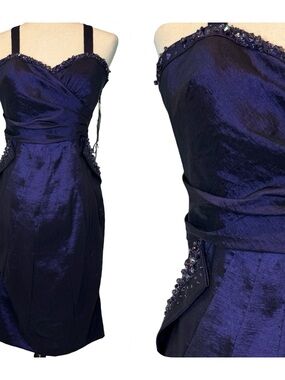 Sarah Danielle Purple Satin Midi Dress Pockets Strapless Beaded Accents SZ 10